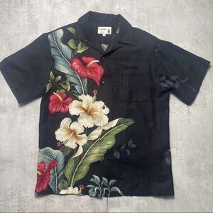 Vtg 60s Iolani Hawaiian Shirt Single Stitch Shoulder Pad Mens Small Black Floral
